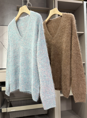 尖货！云朵拉绒无缝一体羊绒羊毛V领花纱针织毛衣女  H66116~ZY