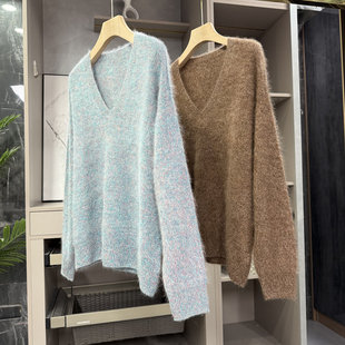 尖货！云朵拉绒无缝一体羊绒羊毛V领花纱针织毛衣女  H66116~ZY