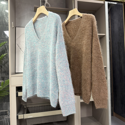 宽松拉绒羊绒羊毛V领针织毛衣