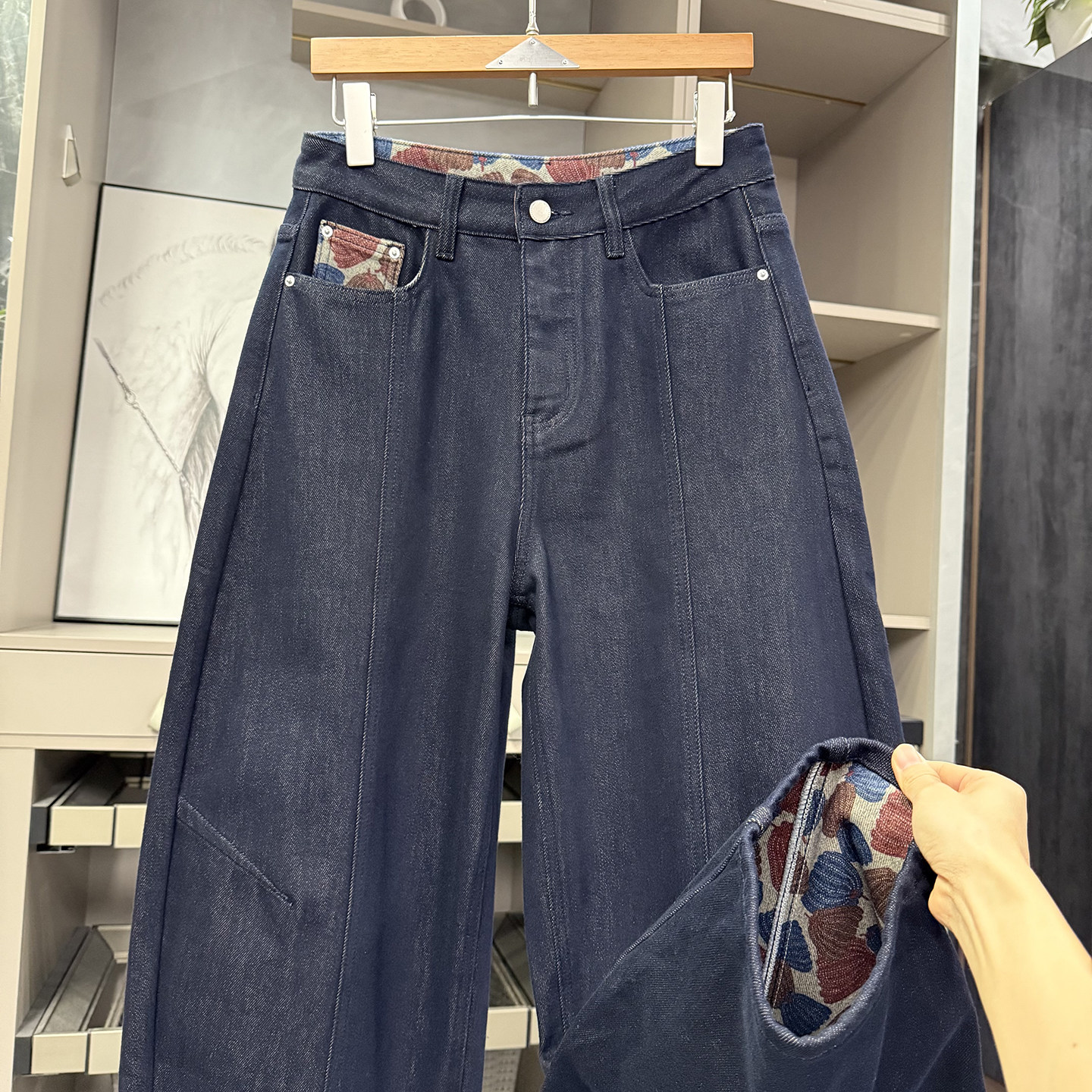 N货!印花底部磨毛高腰牛仔镰刀裤