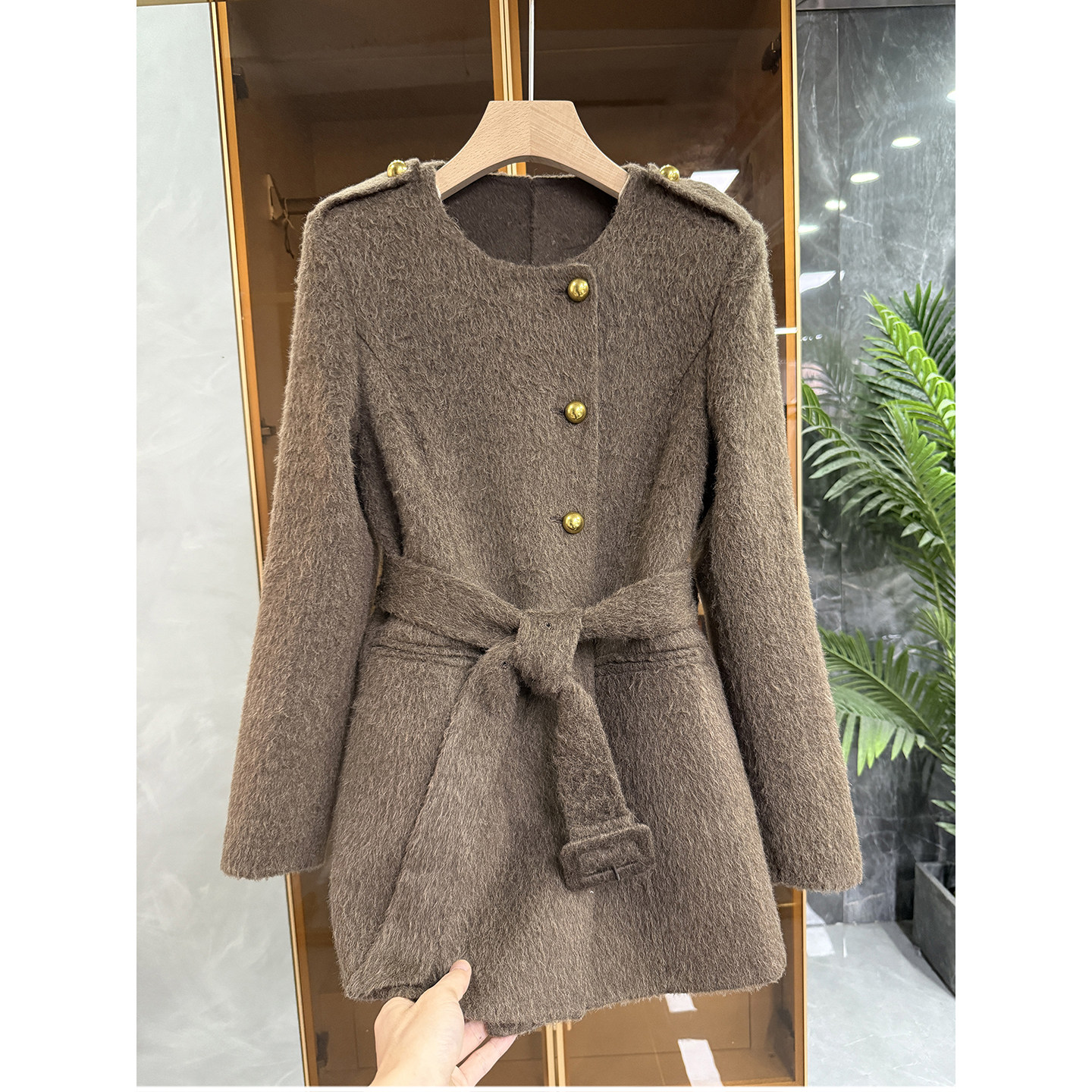 柜款！羊驼毛羊毛双面呢圆领外套