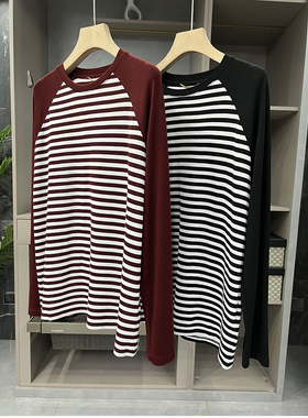 清仓不退#B！宽松天丝羊毛条纹圆领插肩袖针织T恤女   F3210