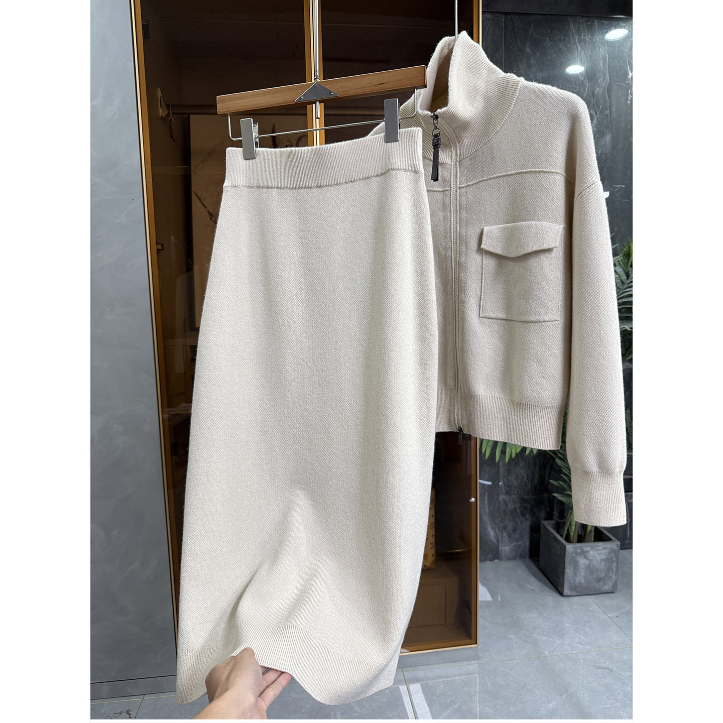 羊绒羊毛针织拉链毛衣半身裙套装