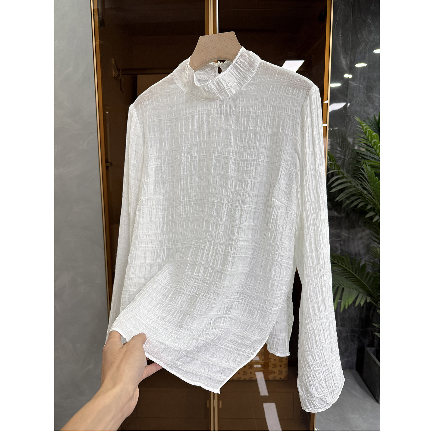 美美美！设计师款！褶皱莫代尔立领长袖衬衫上衣女  580511~JS