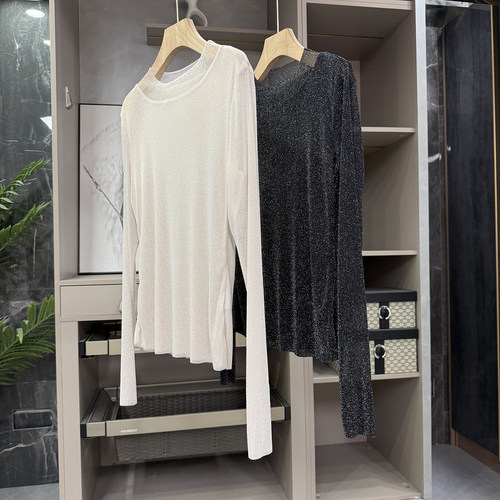 N货！修身金线网纱圆领长袖上衣