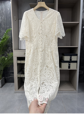 清仓不予退换#4！不挑身材！蕾丝花纹包扣短袖连衣裙210604