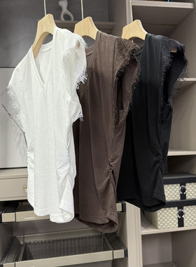 清仓不予退换！肉显瘦！V领蕾丝飞飞袖棉T恤上衣女  S85512~ZY