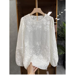 Y782 yuan厂订单 上衣女 衬衫 宽松重工刺绣苎麻圆领长袖