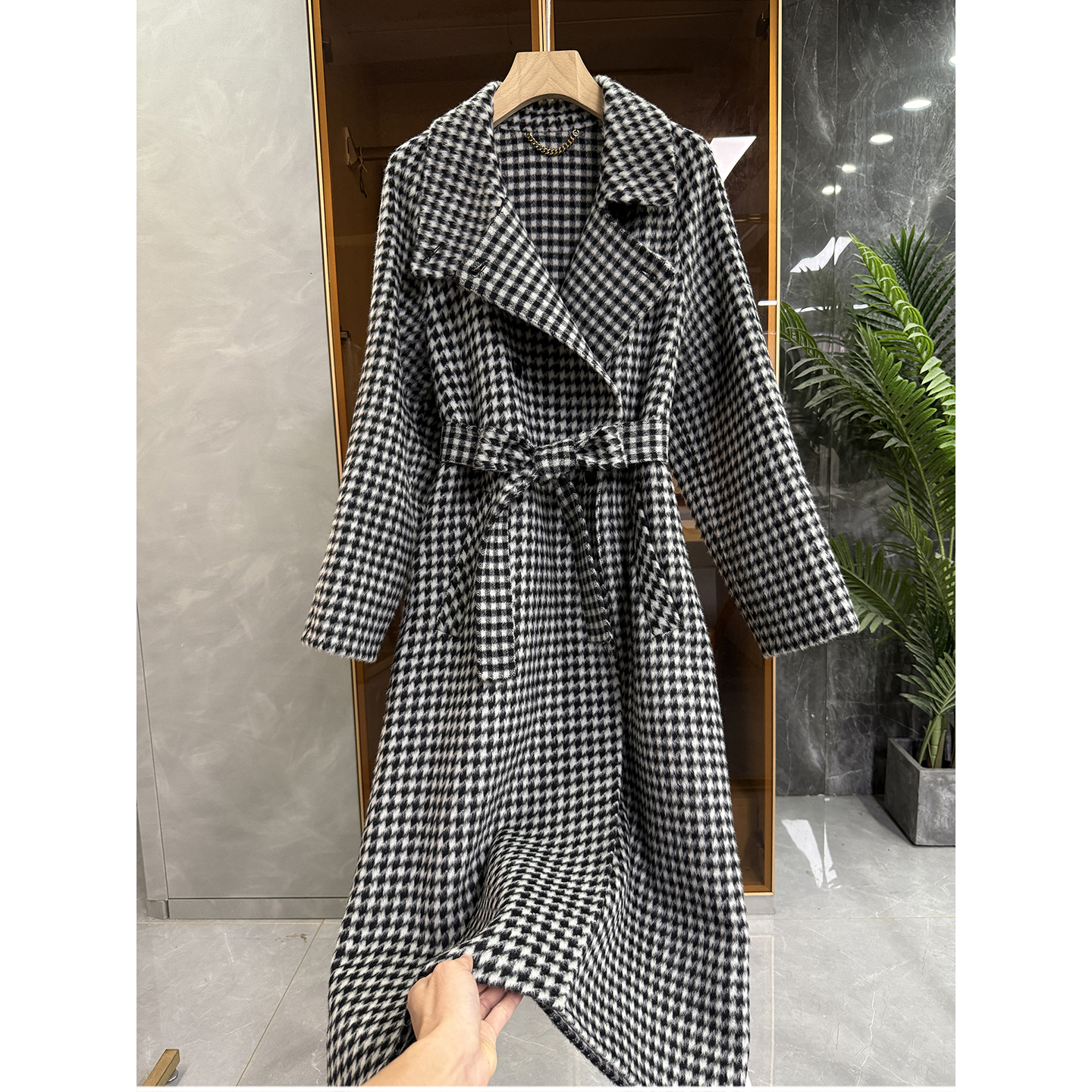 宽松羊毛千鸟格双面呢大衣外套