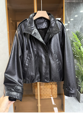 yuan单！宽松蛋白皮加绒立领双排扣皮夹克短外套女    M101910~JS