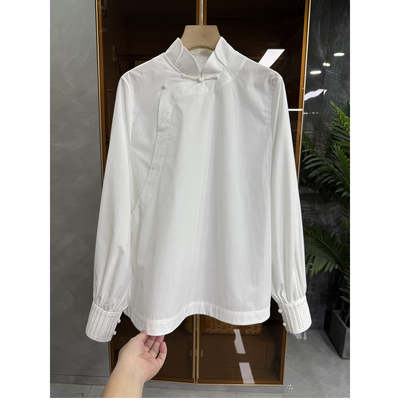 中式！宽松斜襟立领长袖棉衬衫上