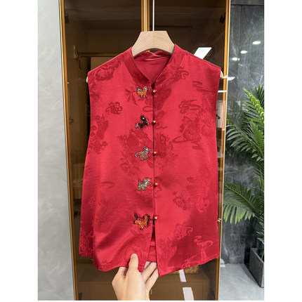 国风新中式！自带高ji感！真丝提花钉珠小马立领马甲女 AE0470~JS