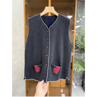 736269 马甲女 拼色羊绒羊毛圆领针织开衫 重磅P牌面料