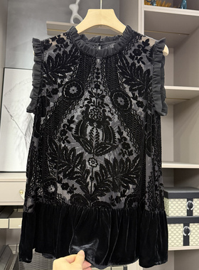 清仓不予退换！烧花真丝丝绒木耳边圆领无袖上衣女S85521~ZY