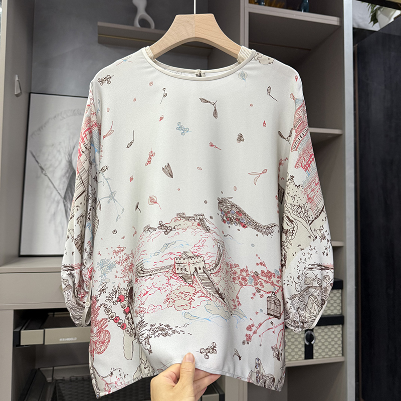 设计师款宽松蝙蝠衫真丝圆领上衣