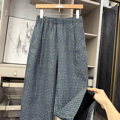 肌理格子松紧腰休闲阔腿八分裤