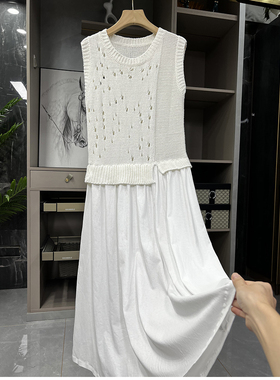 清仓不予退换#B外M单！含亚麻镂空针织背心拼大摆连衣裙LYQT0205