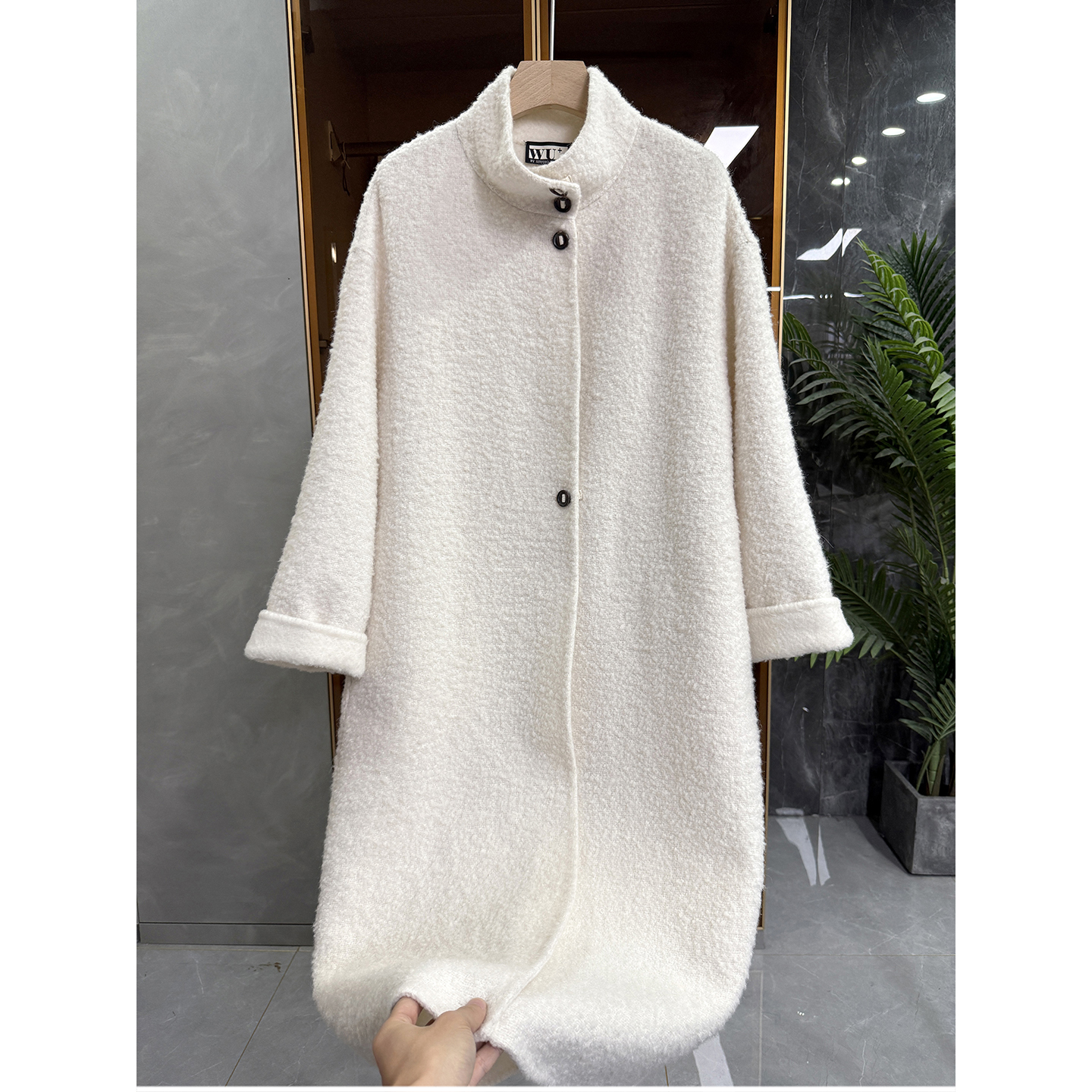 中长款圈圈绒绵羊毛立领大衣外套