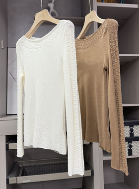 美得还不费力！修身钩花一字领美丽诺羊毛针织上衣女  252260~ZY