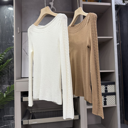 美得还不费力！修身钩花一字领美丽诺羊毛针织上衣女  252260~ZY