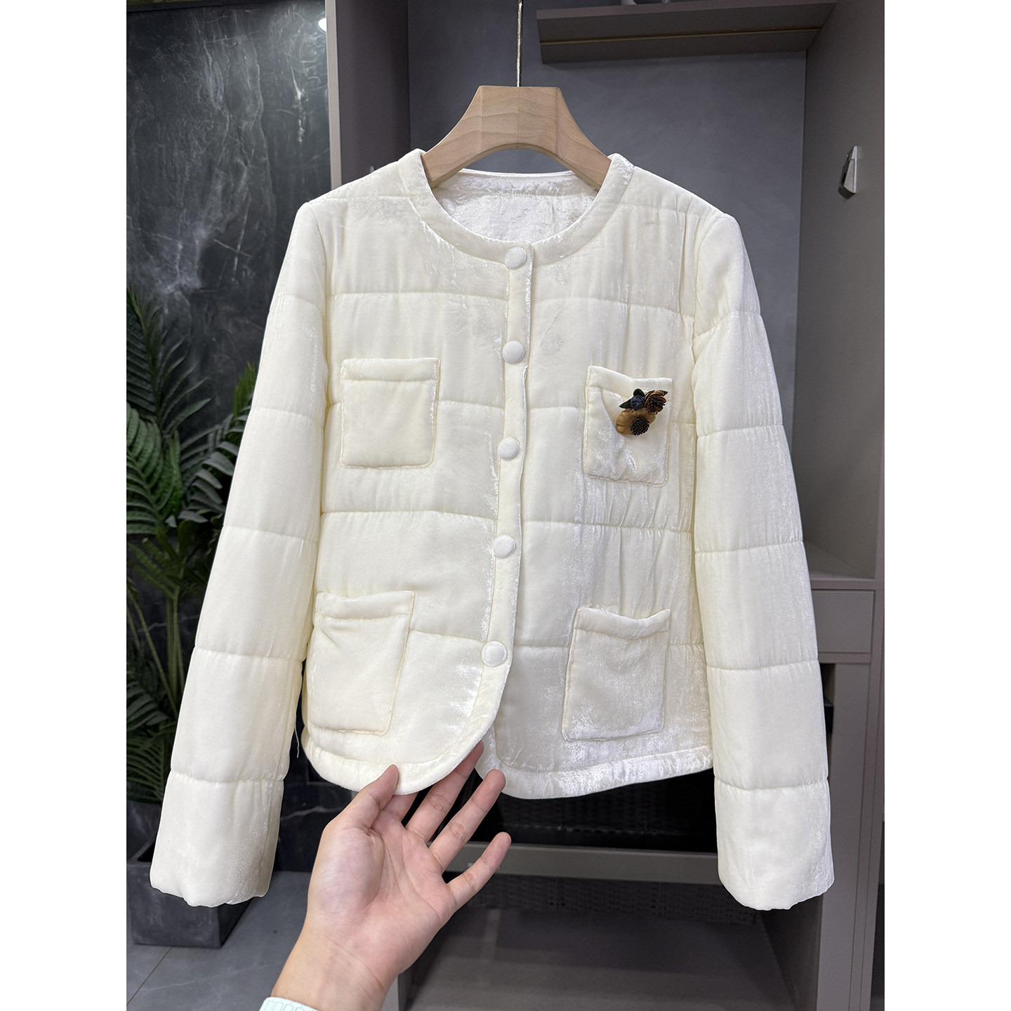 柜款!真丝丝绒圆领长袖棉服外套