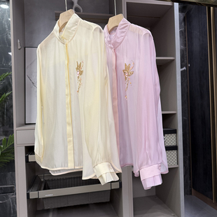 美翻！会呼吸的轻盈感！宽松铜氨钉珠立领衬衫上衣女  H11180~ZY