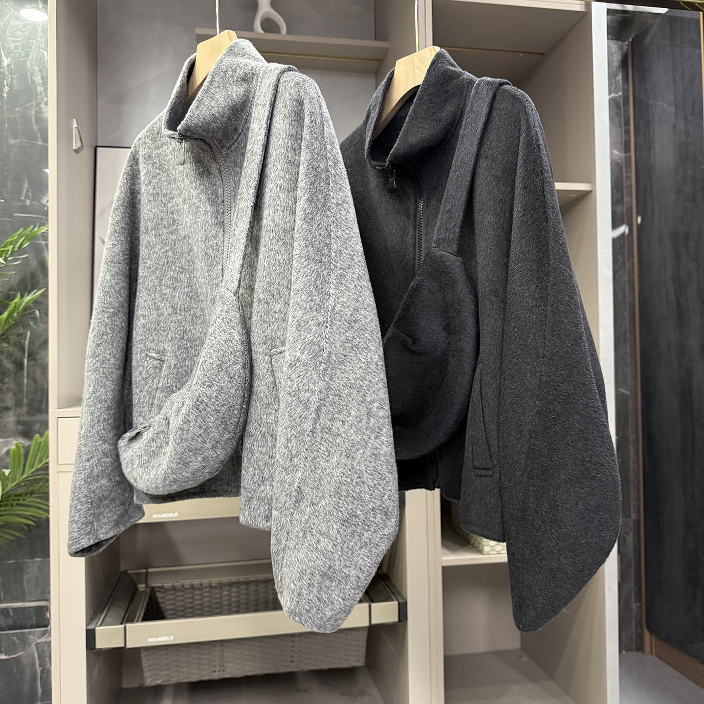 宽松羊绒羊毛毛呢挂包立领短外套