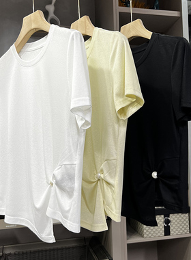 清仓不予退换！好看！莱赛尔珍珠扭花圆领短袖T恤女30531~ZY