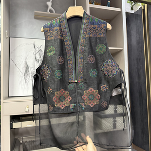 87177 G上5K 拼接重磅真丝香云纱刺绣V领马甲女 中式 柜款