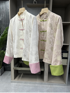 年底清仓不退！国风中式！宽松提花缎立领盘扣短外套女   D9063