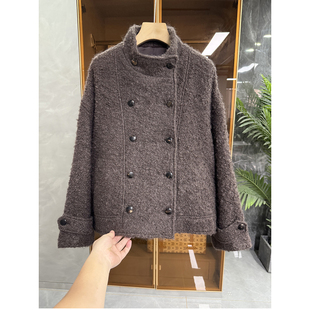 法柜！温暖又时髦！宽松立领绵羊毛双排扣短外套女    734617~ME