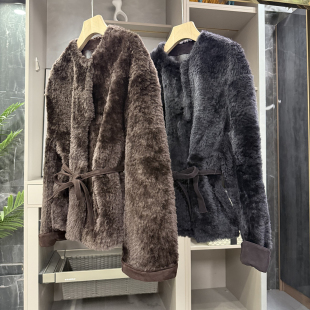 W257443 jin口羊皮革皮毛一体圆领外套女 G上1.5W 莼尾篙货