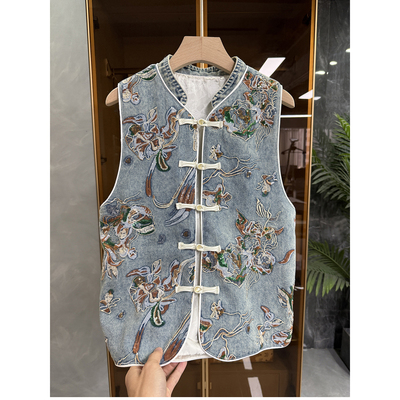 中式！刺绣亮片立领盘扣牛仔马甲