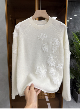 代工厂P牌料！立体花朵云感羊绒圆领长袖针织毛衣女  737854~JS