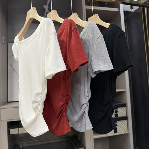 N货！修身露肩一字领短袖棉上衣