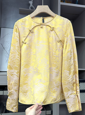 G上5K+！P牌新中式！宽松真丝提花缎圆领长袖盘扣上衣女 92605~ZY