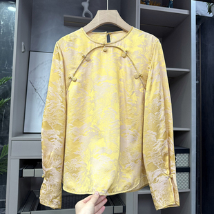 92605 G上5K 盘扣上衣女 宽松真丝提花缎圆领长袖 P牌新中式