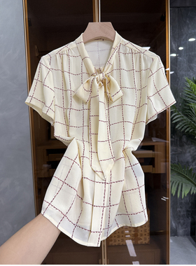 清仓不予退换！格子真丝双绉飘带短袖衬衫上衣女0617002~JS