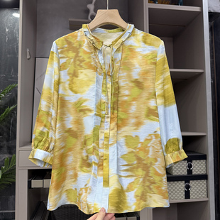 女785D077 清仓不予退换 衬衫 真丝提花木耳边系带七分袖 飞起