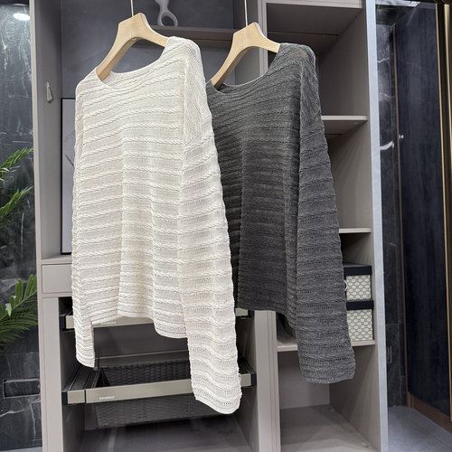 宽松亚麻条纹针织衫圆领长袖上衣