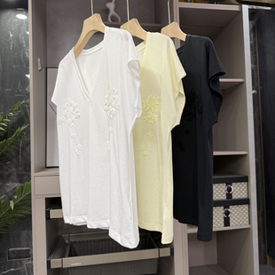 AE0564 真爱 棉T恤女 刺绣钉珠V领短袖 全shou都不过分