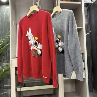 大工厂直出！宽松提花小马羊毛圆领针织毛衣女   252252~ZY