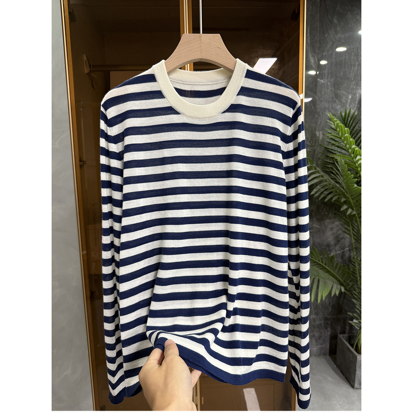 N货！通勤百搭！条纹绵羊毛针织衫圆领长袖上衣女   582833~JS