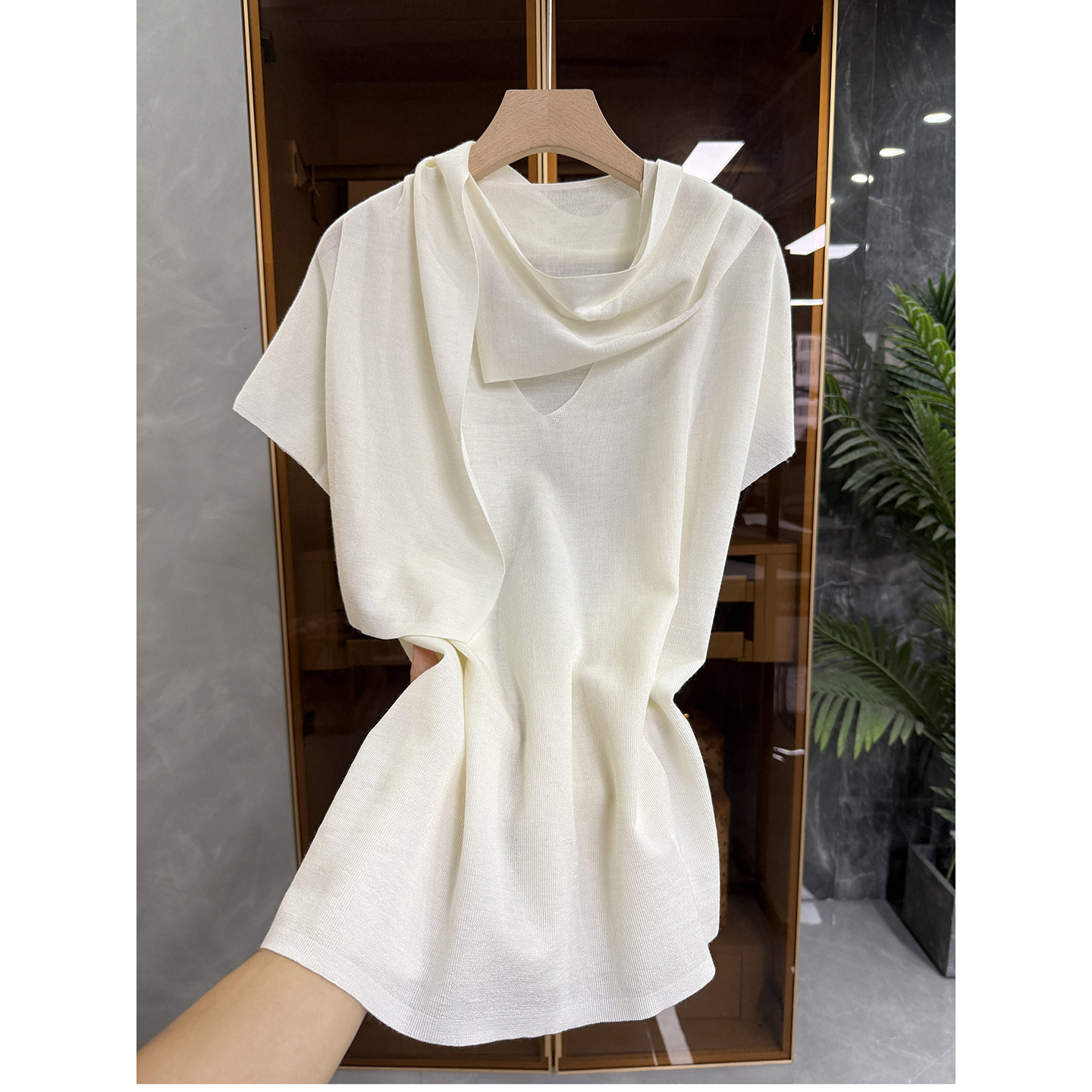 设计师款！宽松羊毛醋酸V领飘带短袖针织上衣女S26079~JS