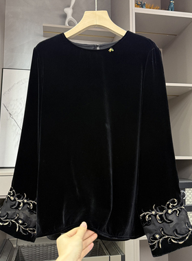 尖货！优雅又气质！刺绣真丝丝绒圆领长袖上衣女    87101~ZY