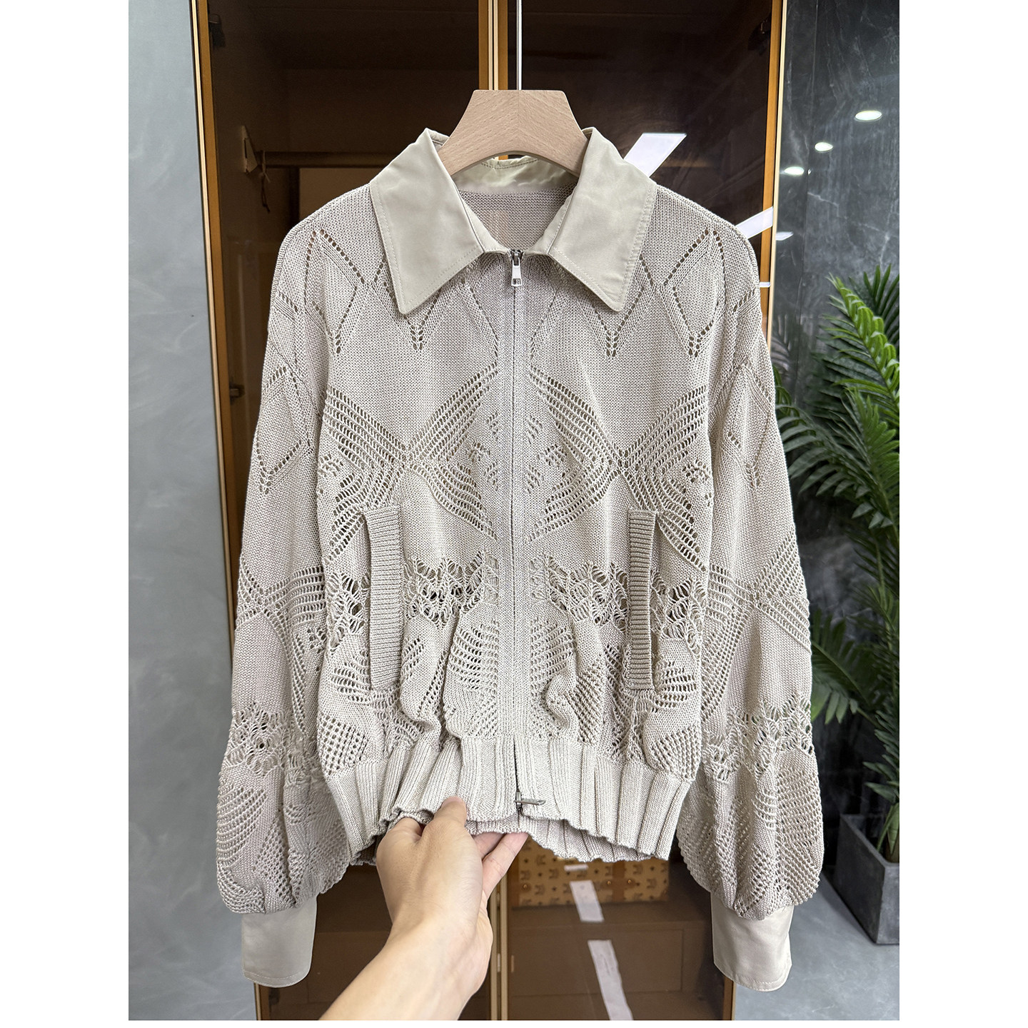 yuan厂订单！宽松针织钩花镂空拼接翻领拉链外套女  716129S~JS