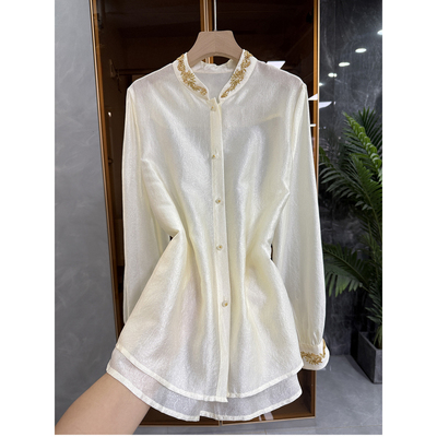 宽松肌理提花天丝钉珠长袖衬衫