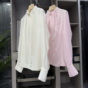 展会订单！宽松人字纹羊绒羊毛立领衬衫上衣女   S85832~ZY