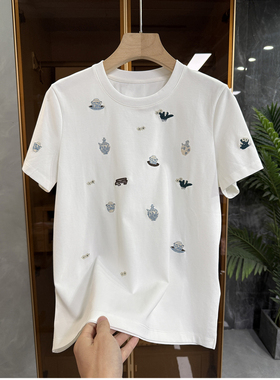 老友闭眼入！品质N货！正肩刺绣圆领短袖棉T恤女     50229~JS