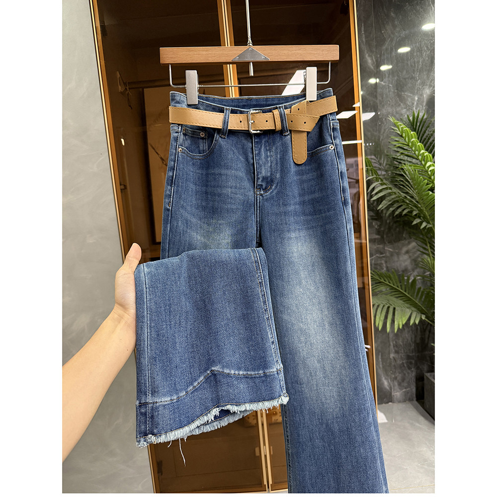 小个子收！瘦腿神器！微弹修身毛边喇叭牛仔九分裤女 M778639~JS